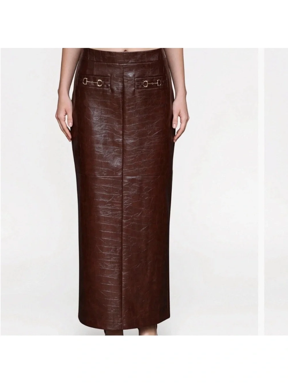 Avec Les Filles Brown Chocolate Faux Leather Buckle Detail Maxi Skirt / Vest Set
